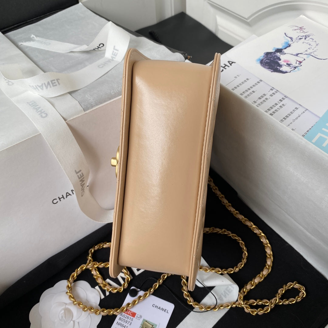 CC MINI 19 FLAP BAG IN DARK BEIGE CALFSKIN GOLD HARDWARE