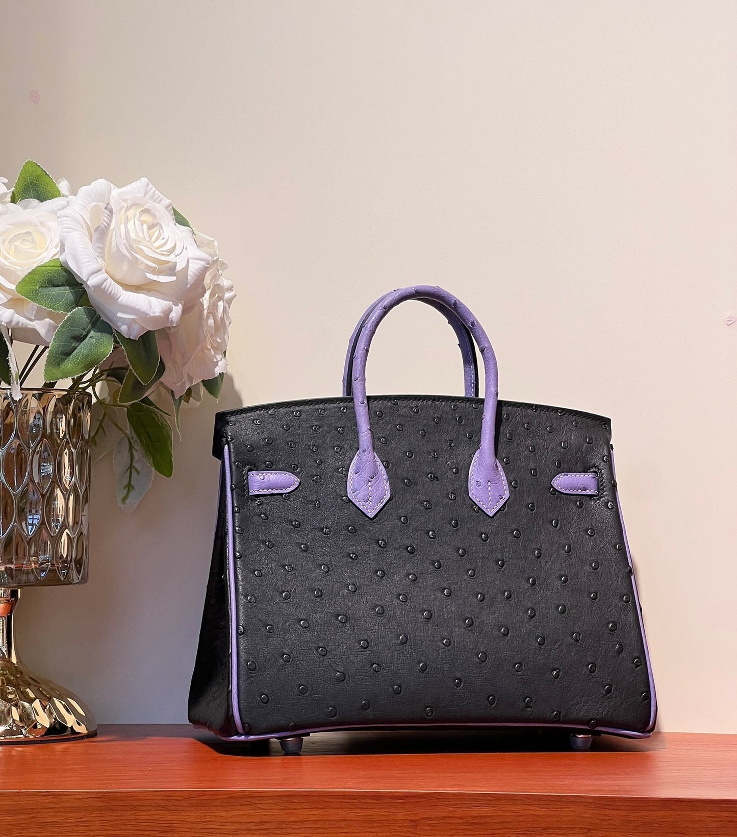 KELLY SELLIER 25 BAG IN BLACK MIX AMETHYST PURPLE OSTRICH LEATHER (MADE-TO-ODER)
