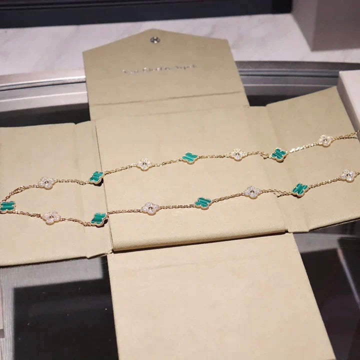 [AURORA]CLOVER 20 MOTIFS MALACHITE DIAMOND NECKLACE