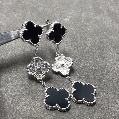 [basloveJW] Kleeblatt 3 Motiv Diamant Onyx Silber Ohrringe