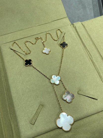 [AURORA]CLOVER 6 MOTIF MOP ONYX GOLD NECKLACE