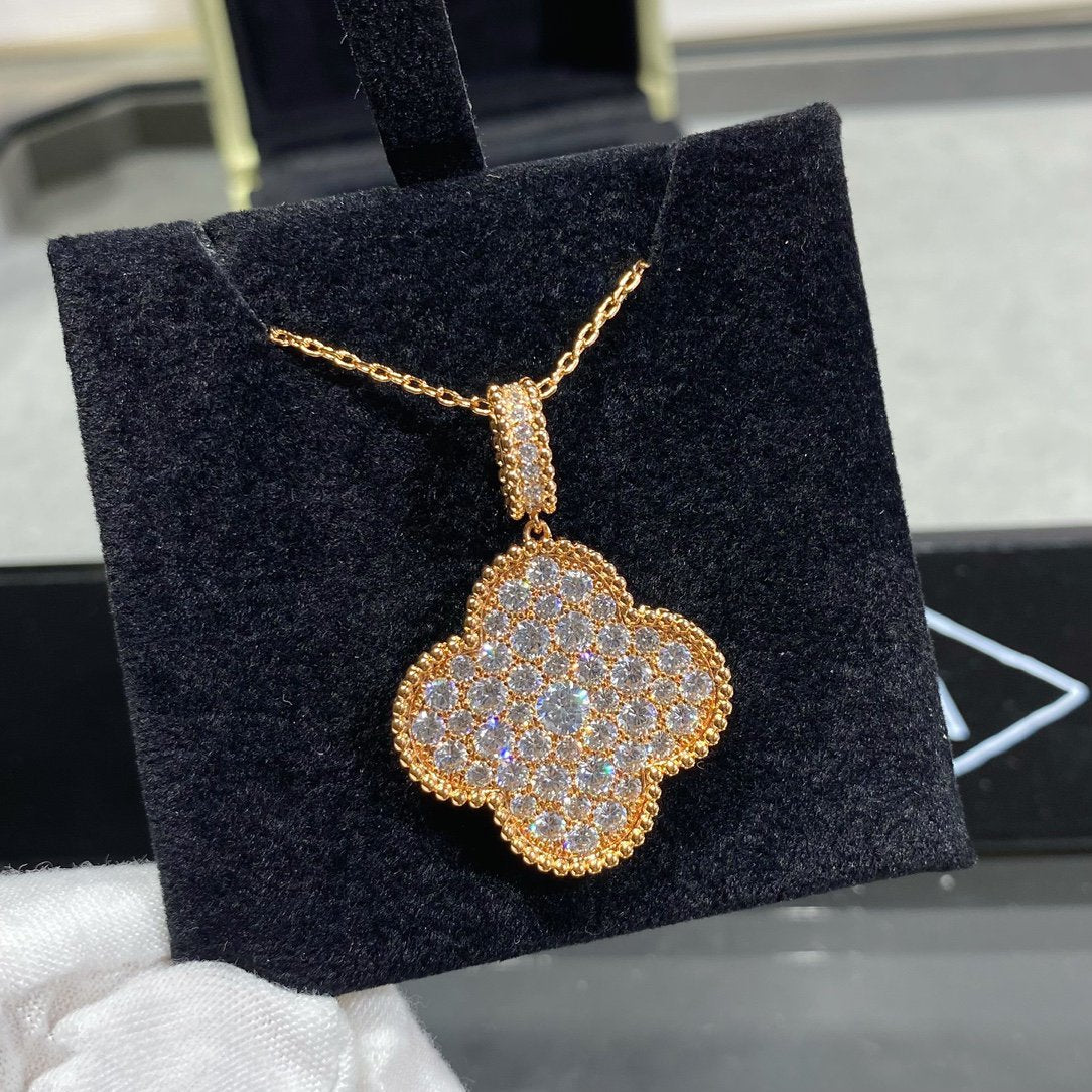 [basloveJW]CLOVER 25MM GROSSER ANHÄNGER MIT DIAMANTEN BEFESTIGT LANGE HALSKETTE