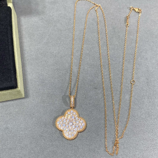 [AURORA]CLOVER 25MM LARGE PEDANT DIAMOND PAVED LONG NECKLACE