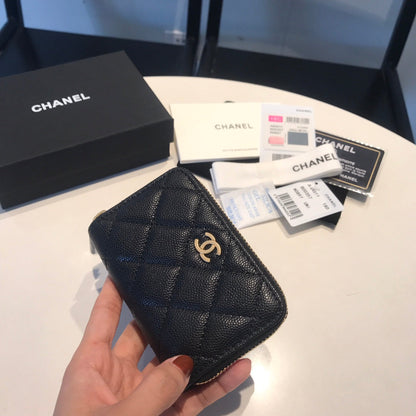 CC ZIPPED CAVIAR PURSE 11 BLACK CALFSKIN GOLD ICON