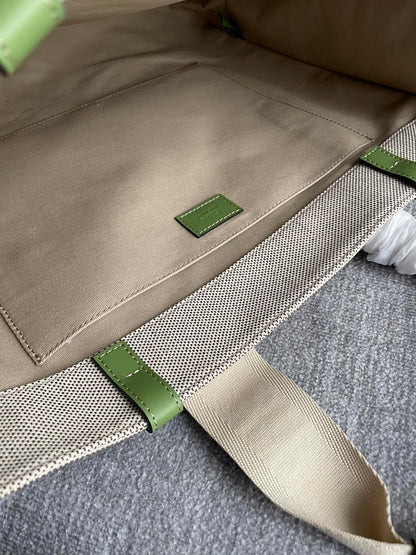 LAGRE WOODY TOTE BAG 45 IN BEIGE LINEN CANVAS BLACK WEBBING LOGO EMBROIDER GREEN CALFSKIN