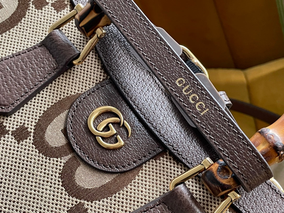 GG DIANA 27 MINI TOTE BAG IN BEIGE CANVAS AND BROWN CALFSKIN