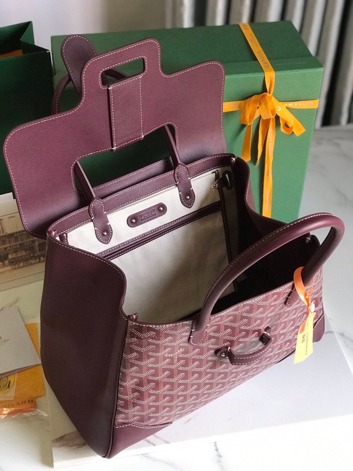 SAIGON SOUPLE BAG 34 IN BURGUNDY RED GOYARDINE CANVAS AND CALFSKIN