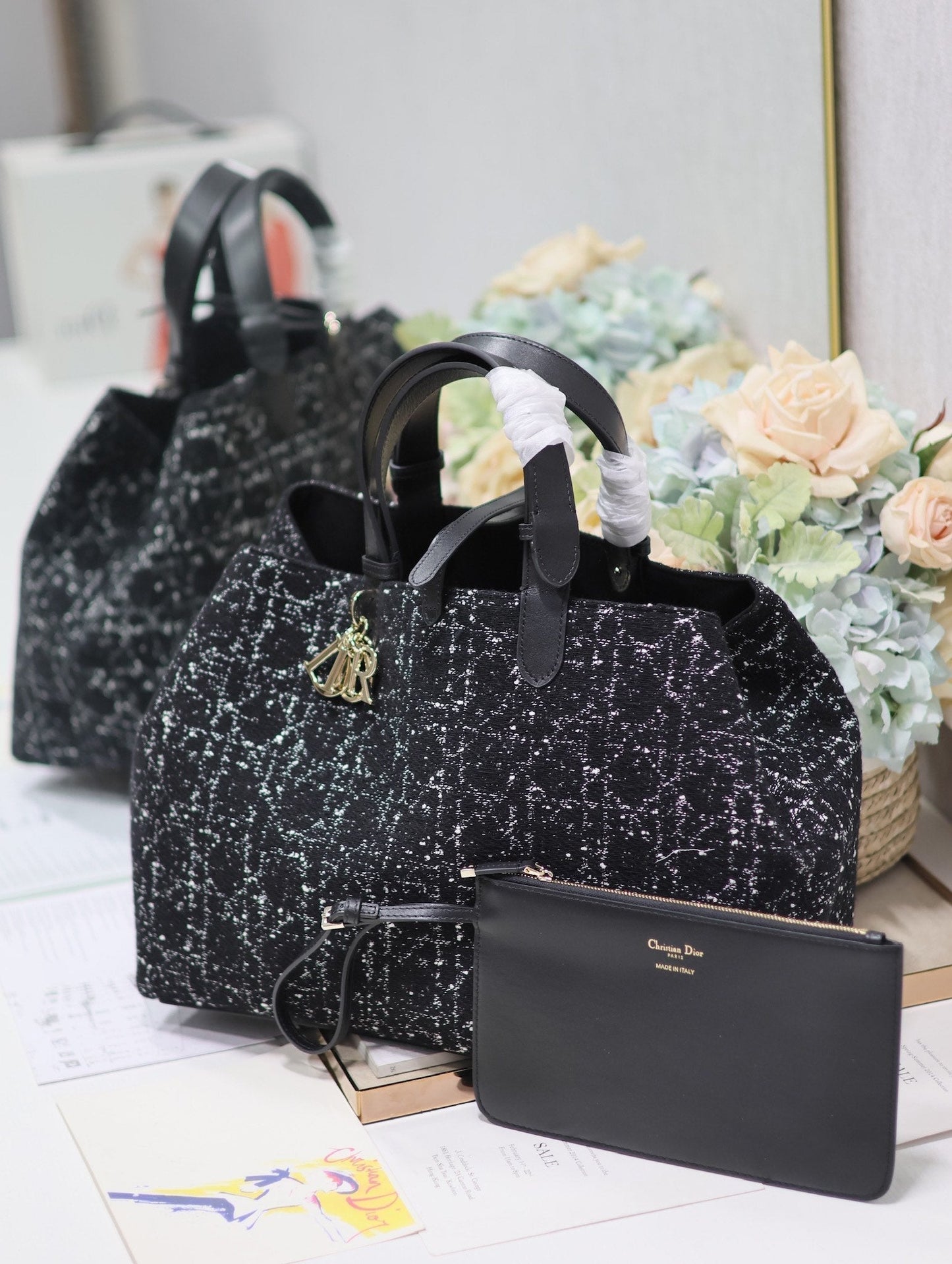 TOUJOURS BAG 37 IN BLACK MIX WHITE CANNAGE TWEED WITH GOLD HARDWARE