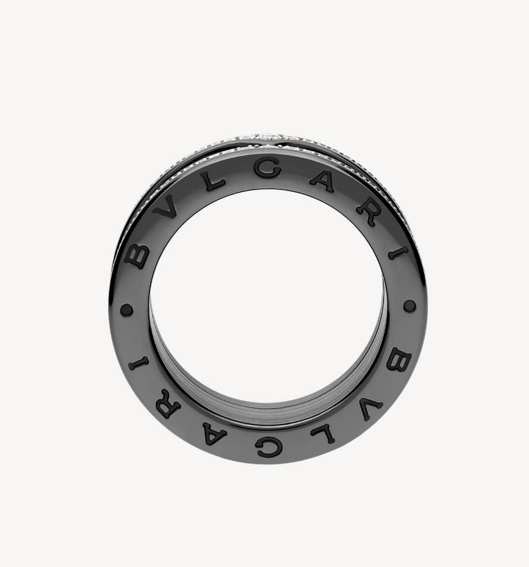 [AURORA]ZERO 1 ROCK FOUR-BAND BLACK CERAMIC WITH STUDDED SPIRAL AND PAVED DIAMONDS RING