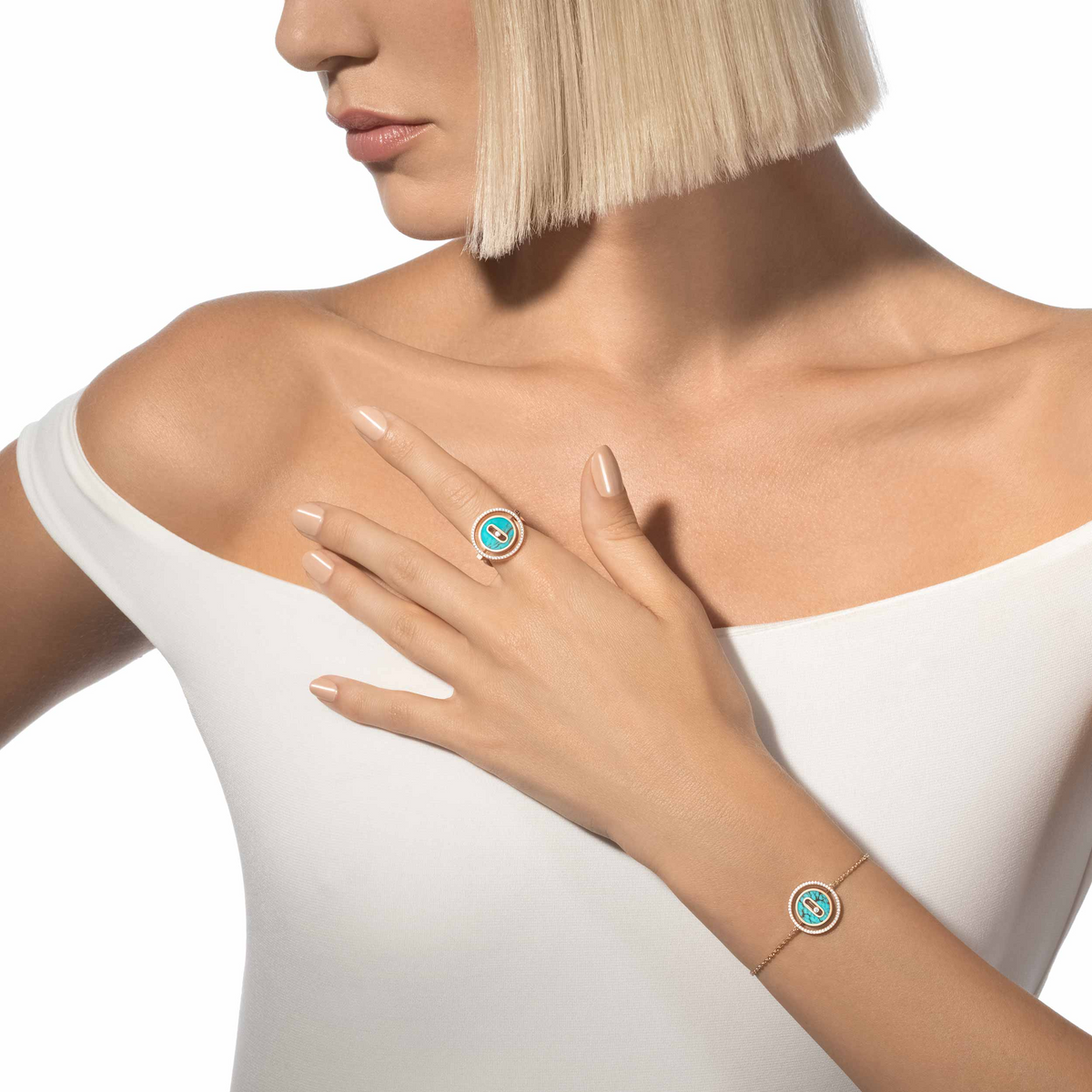 [AURORA]LUCKY MOVE TURQUOISE PINK GOLD DIAMOND BRACELET