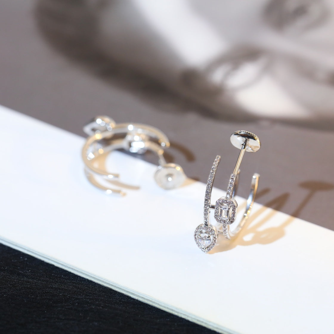 [AURORA]CREOLES MY TWIN 2 RANGS SILVER DIAMOND EARRINGS