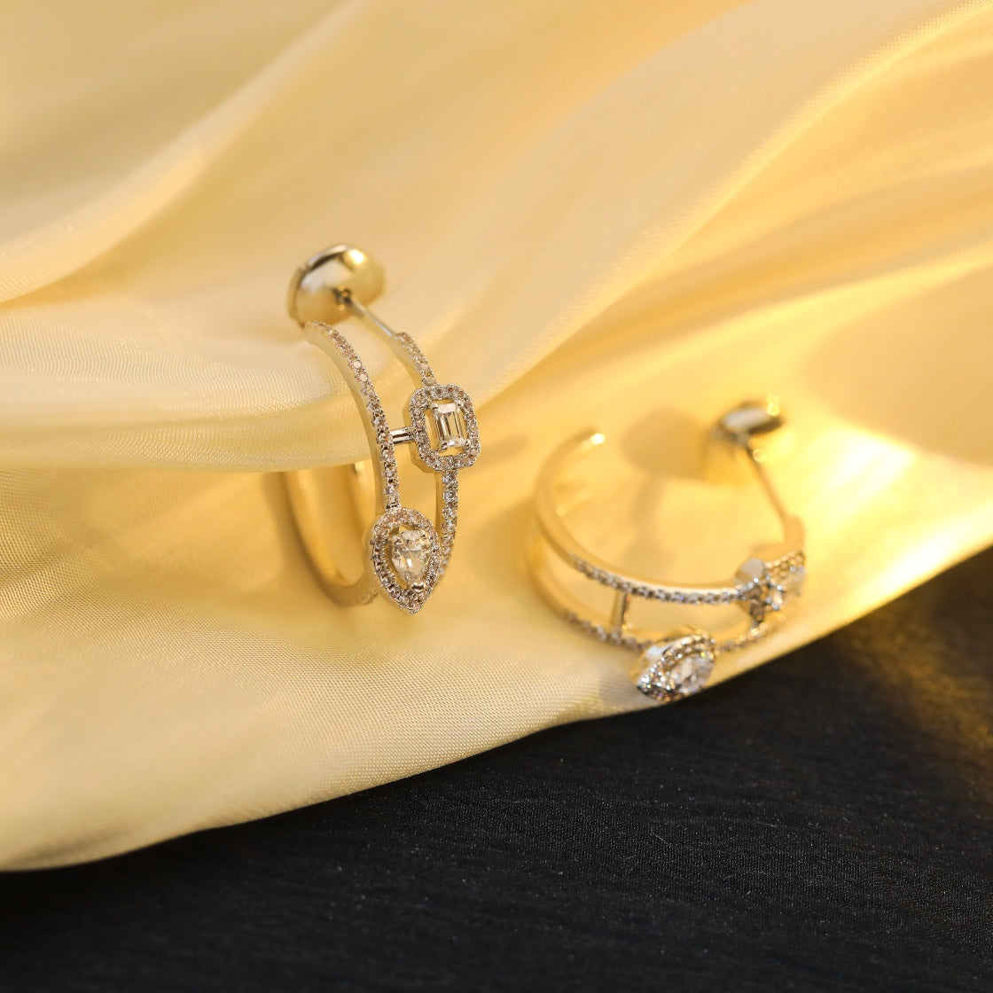 [AURORA]CREOLES MY TWIN 2 RANGS SILVER DIAMOND EARRINGS