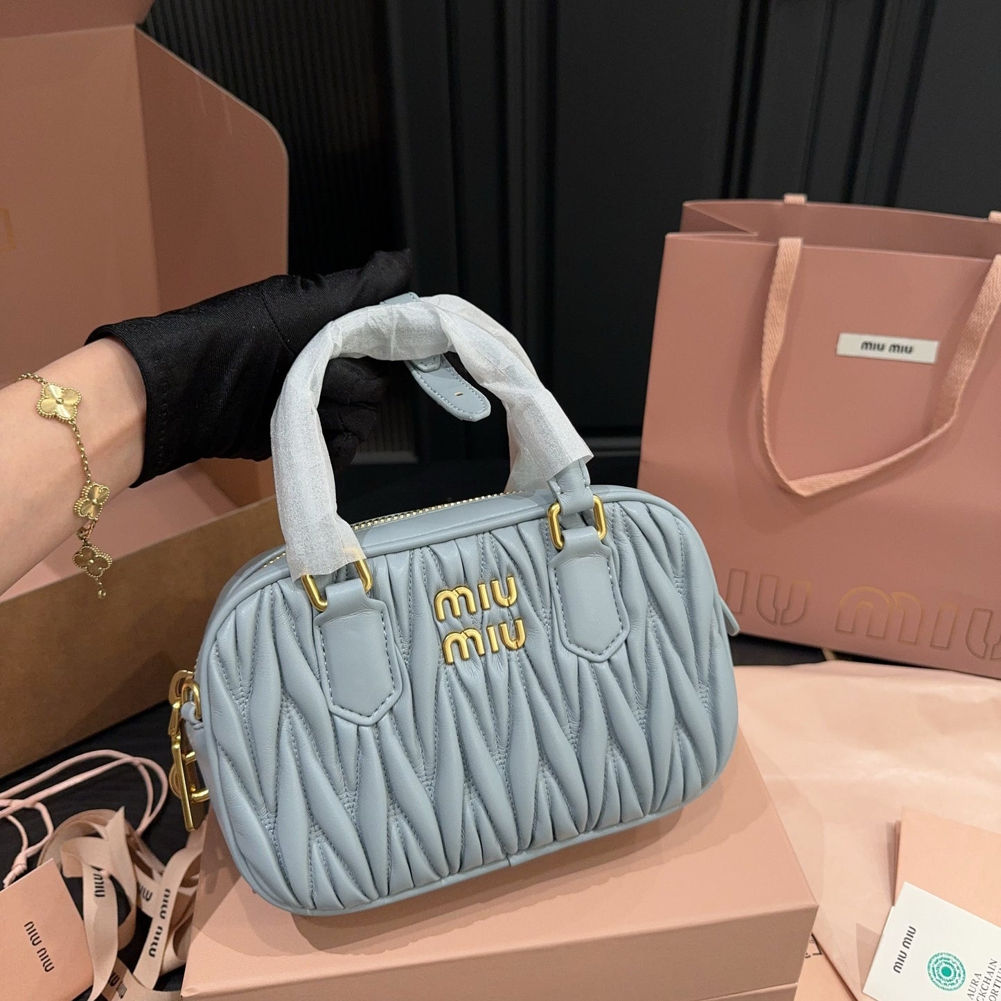 ARCADIE MATELASSÉ BAG 20 IN GREY LAMBSKIN GOLD HARDWARE