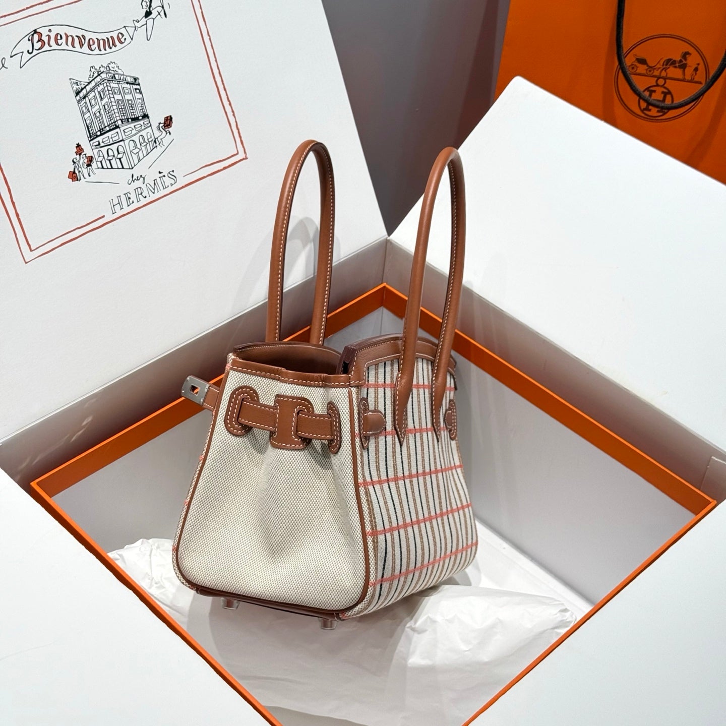 BIRKIN SHOULDER 29 IN GOLD CALFSKIN ÉCRU/BEIGE/FAUVE/ROSE POP/NOIR EMBROIDERY PLAID CANVAS