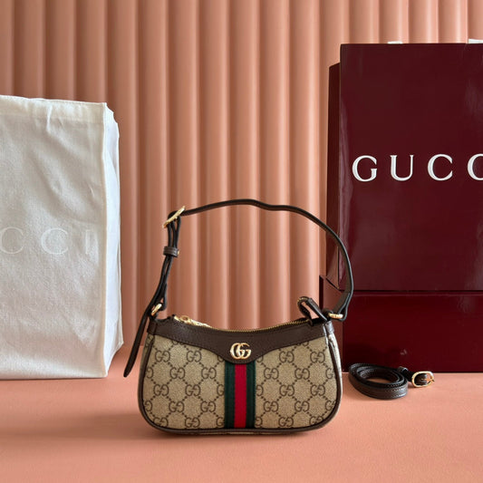 GUCCI 25S OPHIDIA SMALL SHOULDER BAG 19 IN BEIGE CANVAS AND BROWN CALFSKIN