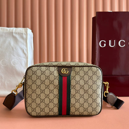 GUCCI 25S OPHIDIA CROSSBODY BAG 28 IN BEIGE CANVAS AND BROWN CALFSKIN