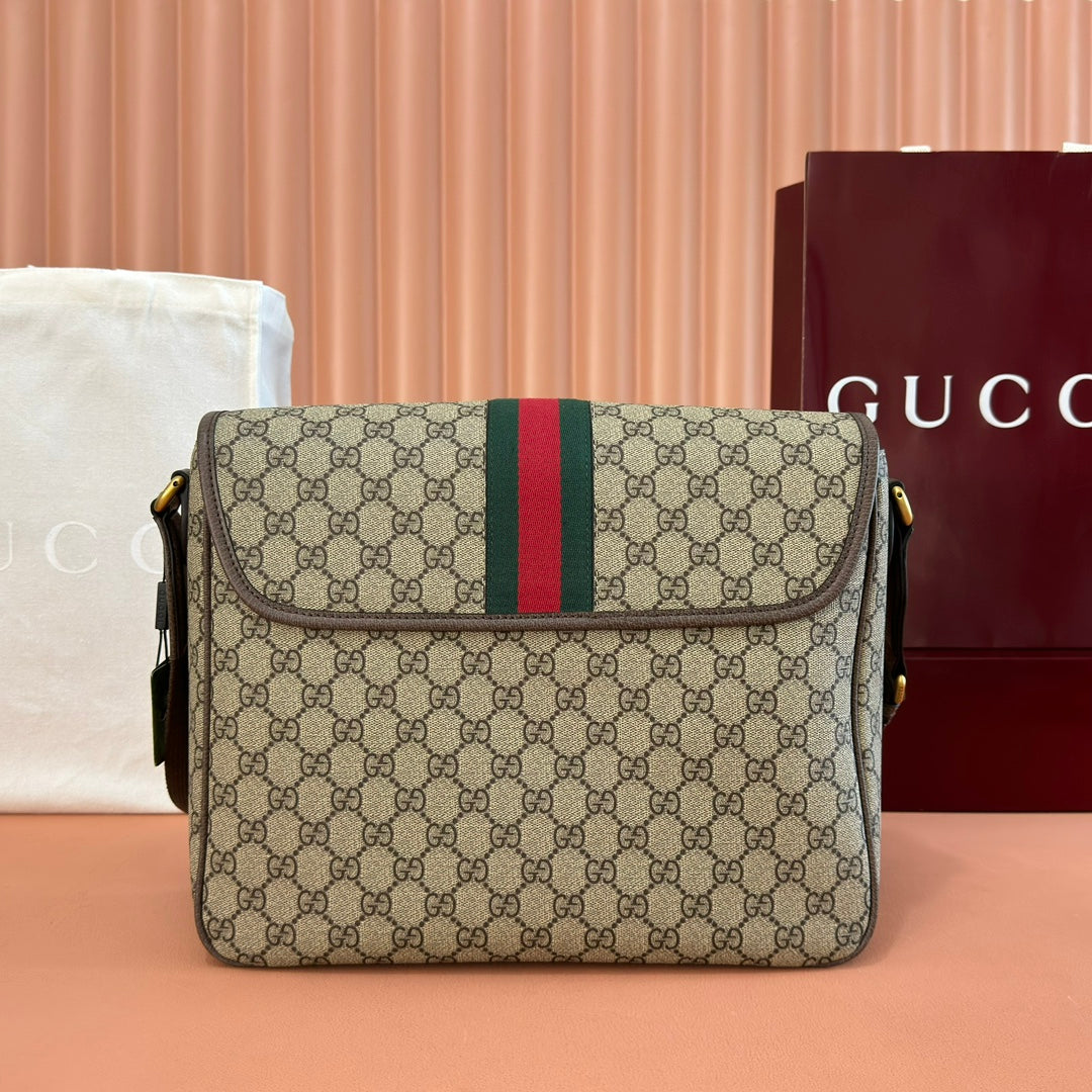 GUCCI 25S OPHIDIA LARGE CROSSBODY BAG 33 IN BEIGE CANVAS AND BROWN CALFSKIN