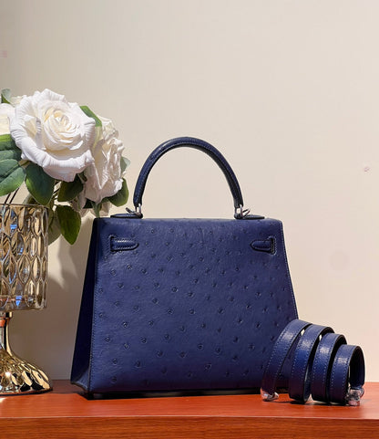 KELLY SELLIER 25 BAG IN NAVY BLUE OSTRICH LEATHER WITH SILVER HARDWARE (MADE-TO-ODER)