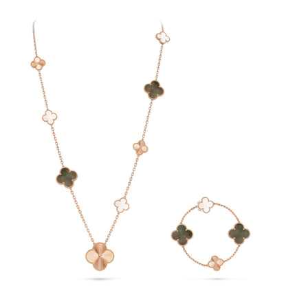 [AURORA]DETACHABLE CLOVER 15(11+4) FLOWER ROSE GOLD NECKLACE SET